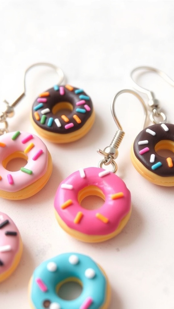 Colorful polymer clay donut earrings in various designs, displayed on a light background.
